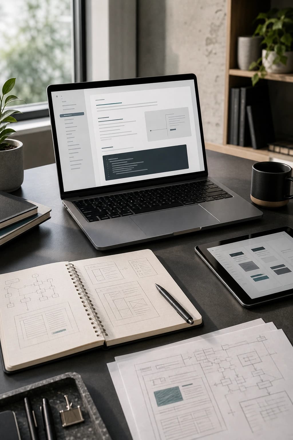 A realistic documentation workspace with a laptop, notebook, and technical sketches