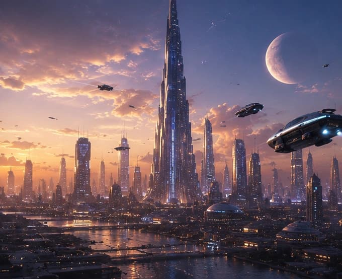 Futuristic cityscape backdrop
